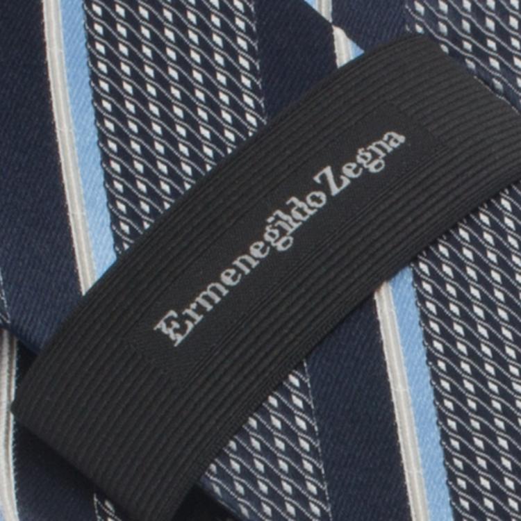 Pre Owned Ermenegildo Zegna Blue and Cream Textured Striped Silk Tie