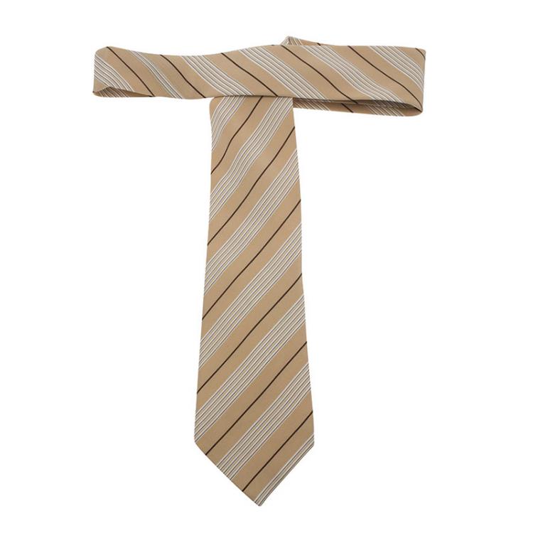 Pre Owned Ermenegildo Zegna Beige Brown and White Striped Silk Tie
