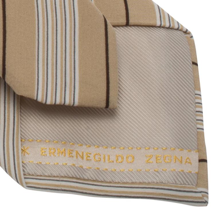 Pre Owned Ermenegildo Zegna Beige Brown and White Striped Silk Tie