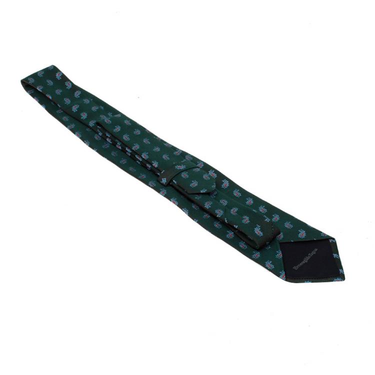 Pre Owned Ermenegildo Zegna Green Embroidered Paisley Motif Dual Tone Silk Tie