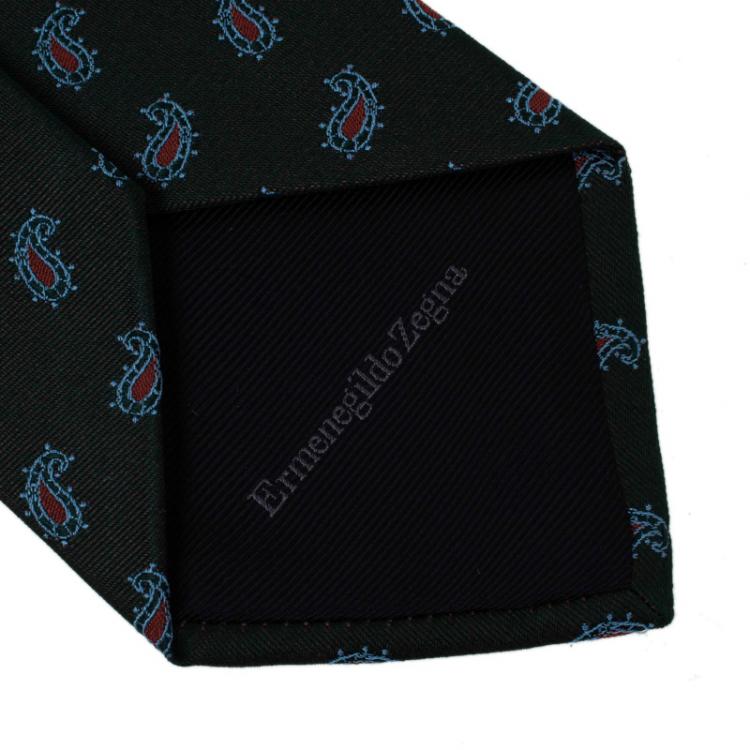 Pre Owned Ermenegildo Zegna Green Embroidered Paisley Motif Dual Tone Silk Tie