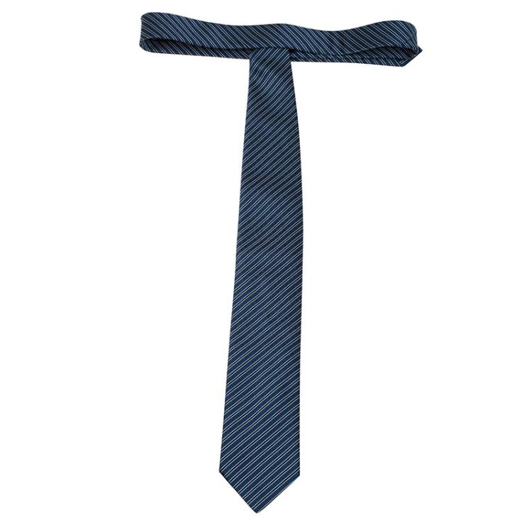 Pre Owned Ermenegildo Zegna Dark Blue & Black Textured Striped Silk Tie