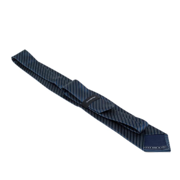 Pre Owned Ermenegildo Zegna Dark Blue & Black Textured Striped Silk Tie