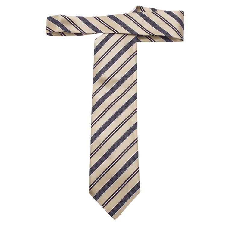Pre Owned Ermenegildo Zegna Beige and Grey Silk Striped Tie