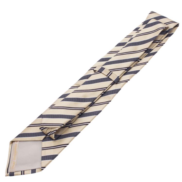 Pre Owned Ermenegildo Zegna Beige and Grey Silk Striped Tie
