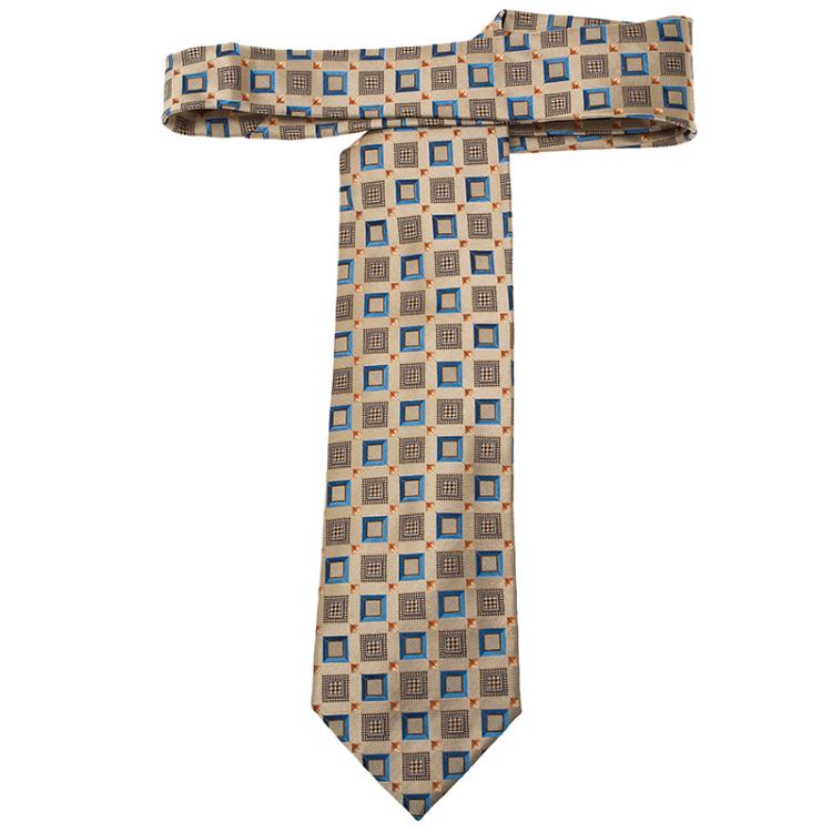 Pre Owned Ermenegildo Zegna Beige Silk Square Printed Tie 