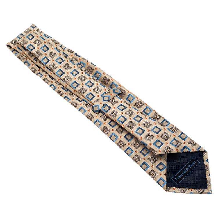Pre Owned Ermenegildo Zegna Beige Silk Square Printed Tie 