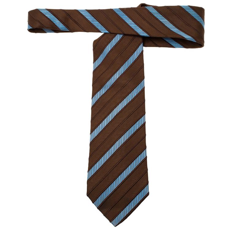 Pre Owned Ermenegildo Zegna Brown and Blue Striped Silk Tie 