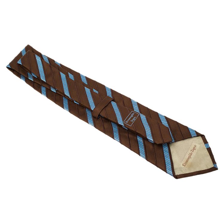 Pre Owned Ermenegildo Zegna Brown and Blue Striped Silk Tie 