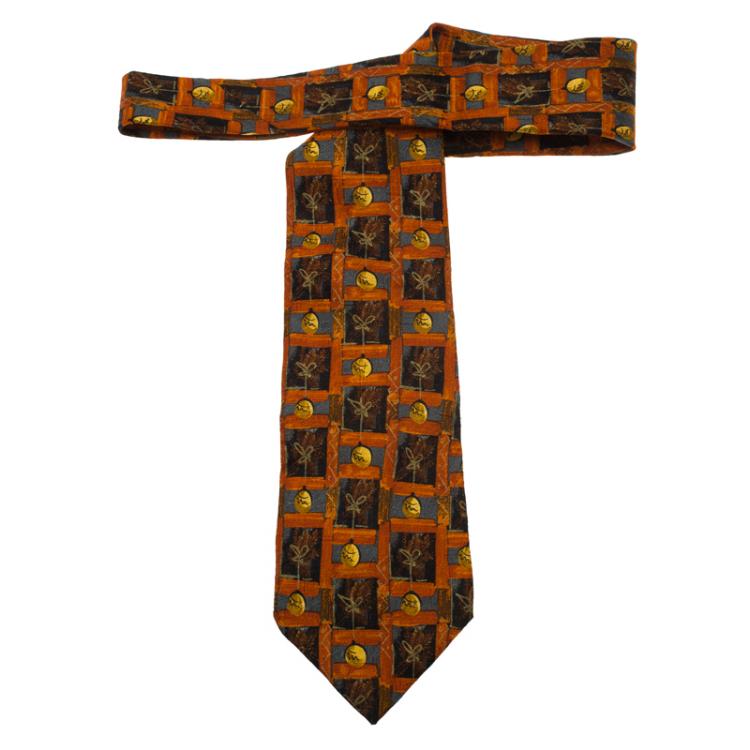 Pre Owned Ermenegildo Zegna Orange and Brown Printed Silk Tie