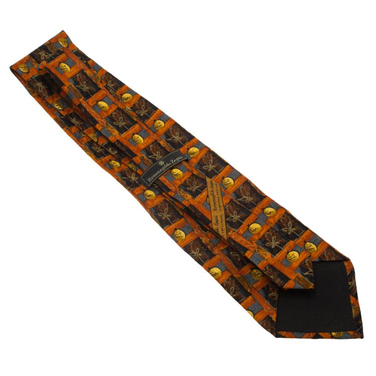 Pre Owned Ermenegildo Zegna Orange and Brown Printed Silk Tie