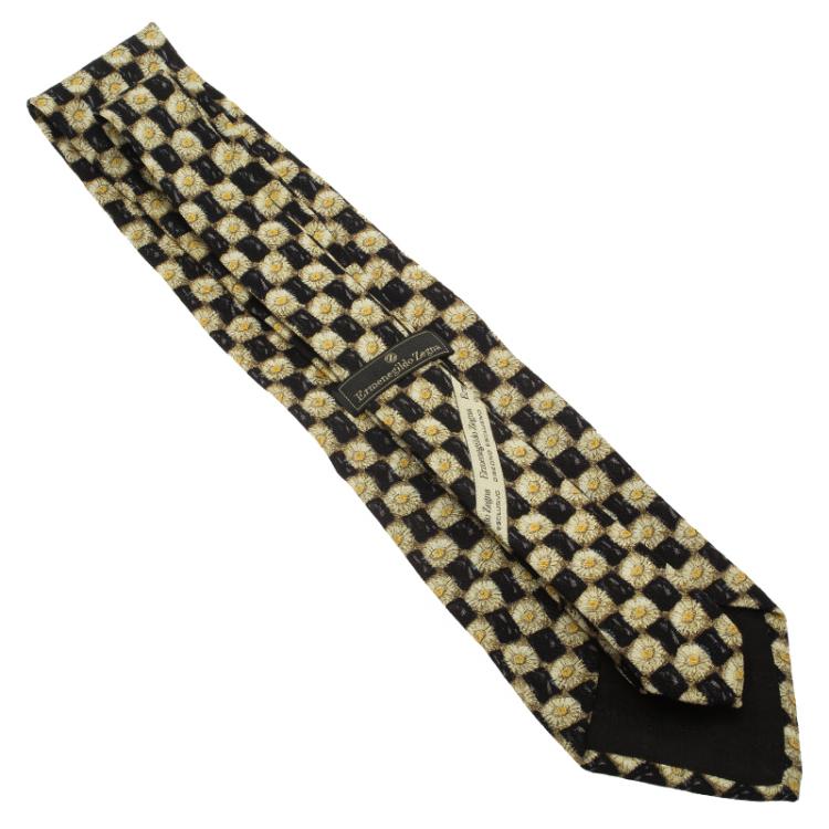 Pre Owned Ermenegildo Zegna Black and Yellow Floral Print Silk Tie