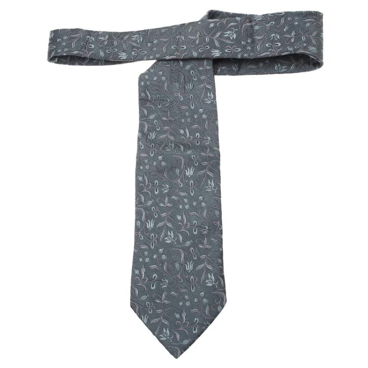 Pre Owned Ermenegildo Zegna Grey and Pink Floral Print Silk Tie