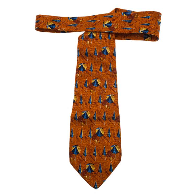 Pre Owned Ermenegildo Zegna Orange Umbrella Print Silk Tie