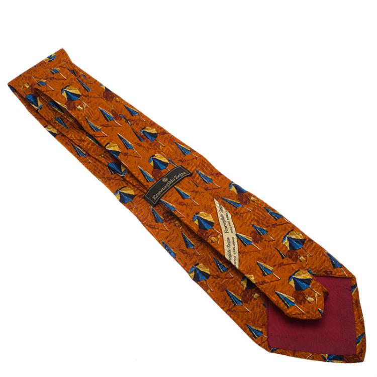 Pre Owned Ermenegildo Zegna Orange Umbrella Print Silk Tie
