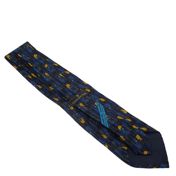 Pre Owned Ermenegildo Zegna Dark Blue Printed Silk Tie
