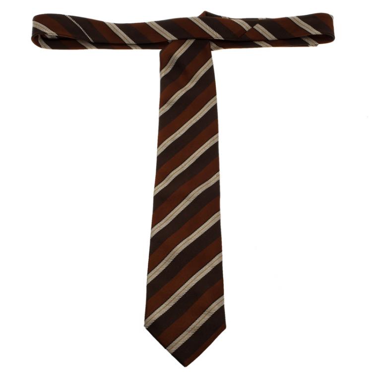 مملوكة مسبقًا Ermenegildo Zegna Couture Brown Striped Woven Silk Traditional Tie