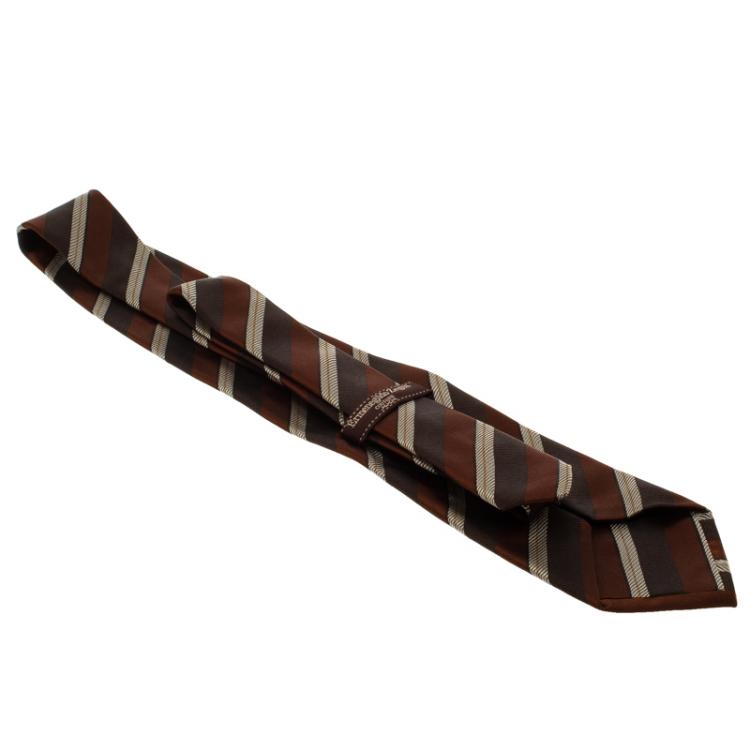 مملوكة مسبقًا Ermenegildo Zegna Couture Brown Striped Woven Silk Traditional Tie