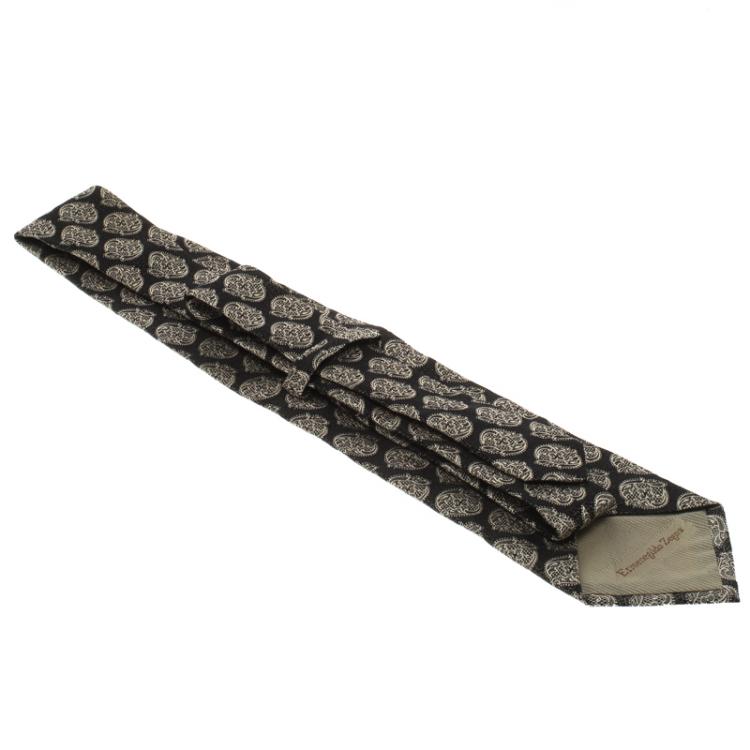 Pre Owned Ermenegildo Zegna Black Jacquard Patterned Silk Traditional Tie