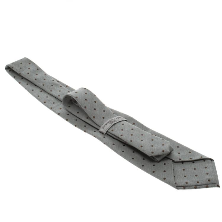 Pre Owned Ermenegildo Zegna Couture Grey Textured Silk Polka Dotted Traditional Tie