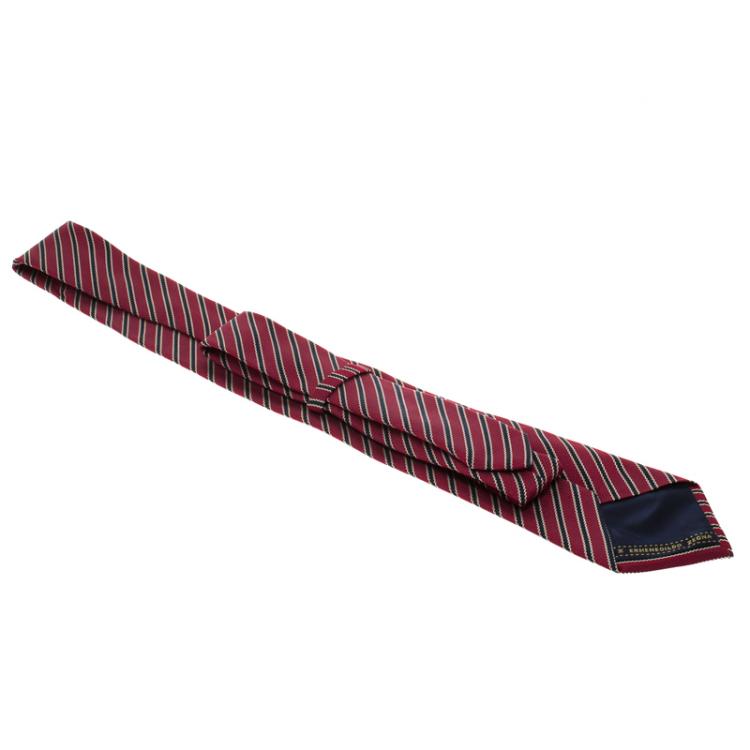 Pre Owned Ermenegildo Zegna Red and Navy Blue Striped Silk Tie