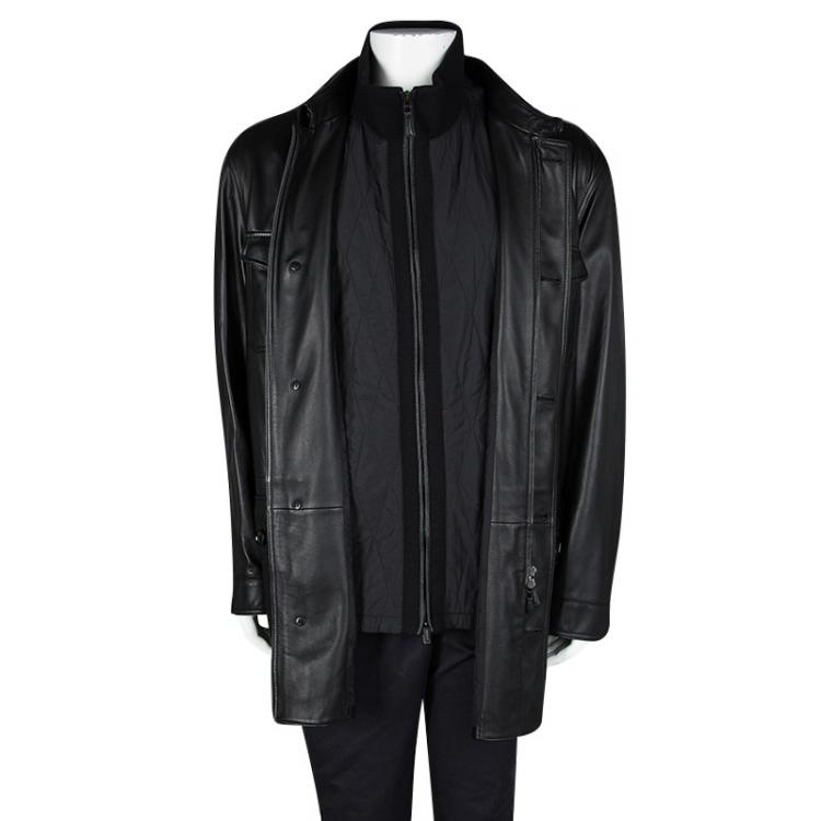 Pre Owned Ermenegildo Zegna Black Lambskin Leather Belted Jacket and Vest Set 6XL