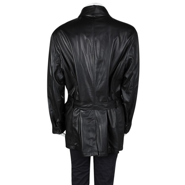 Pre Owned Ermenegildo Zegna Black Lambskin Leather Belted Jacket and Vest Set 6XL