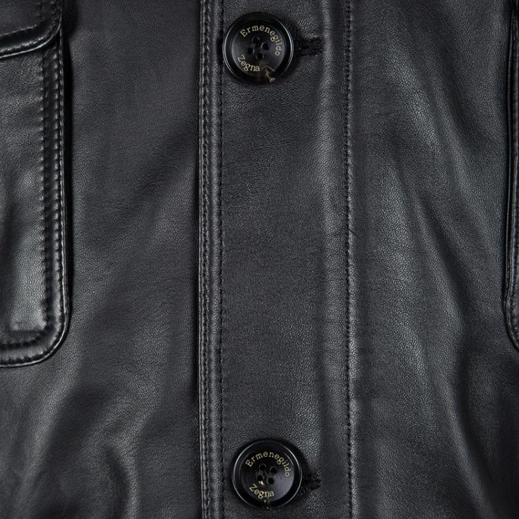 Pre Owned Ermenegildo Zegna Black Lambskin Leather Belted Jacket and Vest Set 6XL