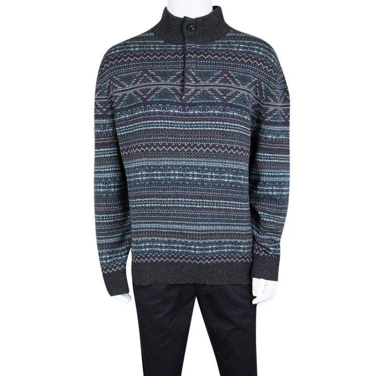 Pre Owned Ermenegildo Zegna Premium Cashmere Grey Patterned Zip Detail Sweater 4XL