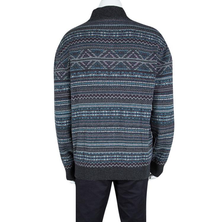 Pre Owned Ermenegildo Zegna Premium Cashmere Grey Patterned Zip Detail Sweater 4XL