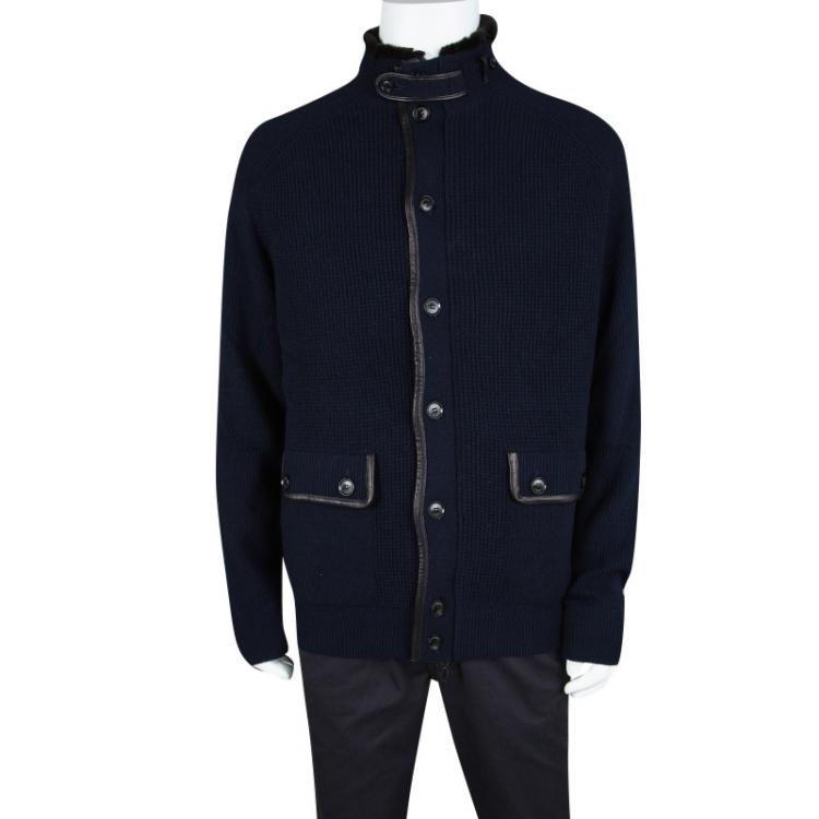 Pre Owned Ermenegildo Zegna Navy Blue Chunky Knit Leather Trim Fur Collar Jacket 4XL