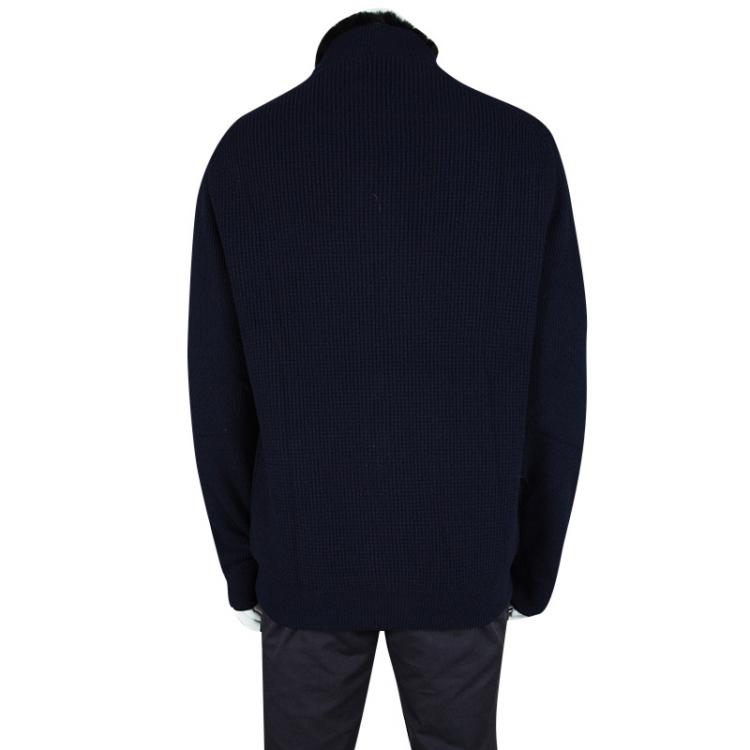 Pre Owned Ermenegildo Zegna Navy Blue Chunky Knit Leather Trim Fur Collar Jacket 4XL