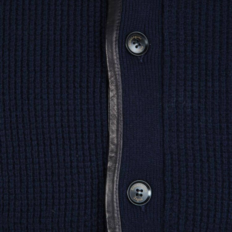 Pre Owned Ermenegildo Zegna Navy Blue Chunky Knit Leather Trim Fur Collar Jacket 4XL