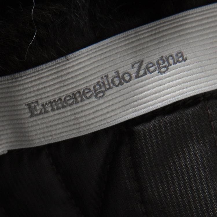 Pre Owned Ermenegildo Zegna Navy Blue Chunky Knit Leather Trim Fur Collar Jacket 4XL
