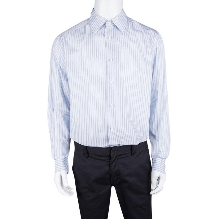 Pre Owned Ermenegildo Zegna Blue and White Striped Cotton Long Sleeve Shirt  3XL