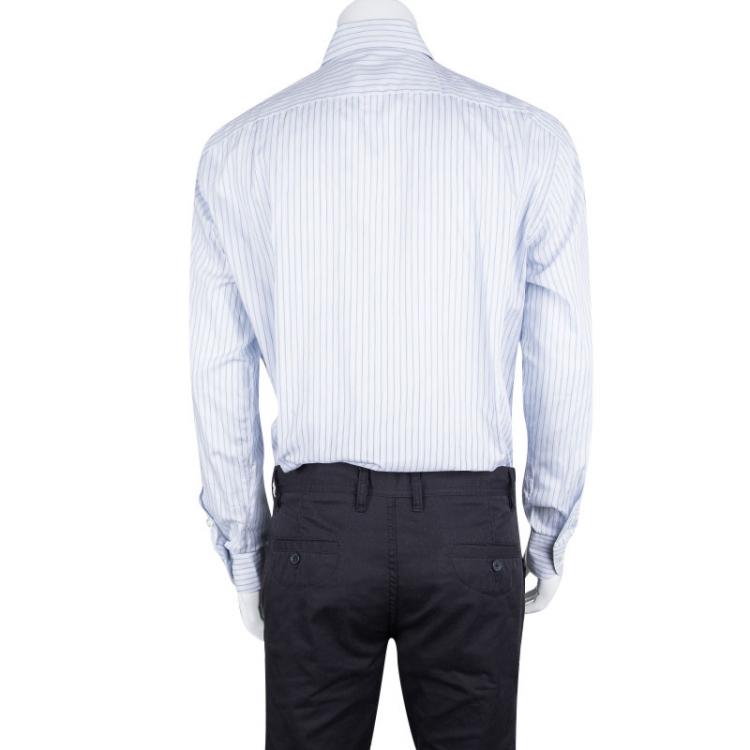 Pre Owned Ermenegildo Zegna Blue and White Striped Cotton Long Sleeve Shirt  3XL