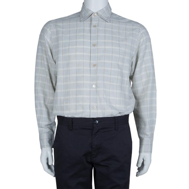 Pre Owned Ermenegildo Zegna Light Grey Checked Shirt M