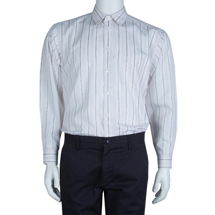Pre Owned Ermenegildo Zegna White and Pink Long Sleeve Buttondown Cotton Shirt XL