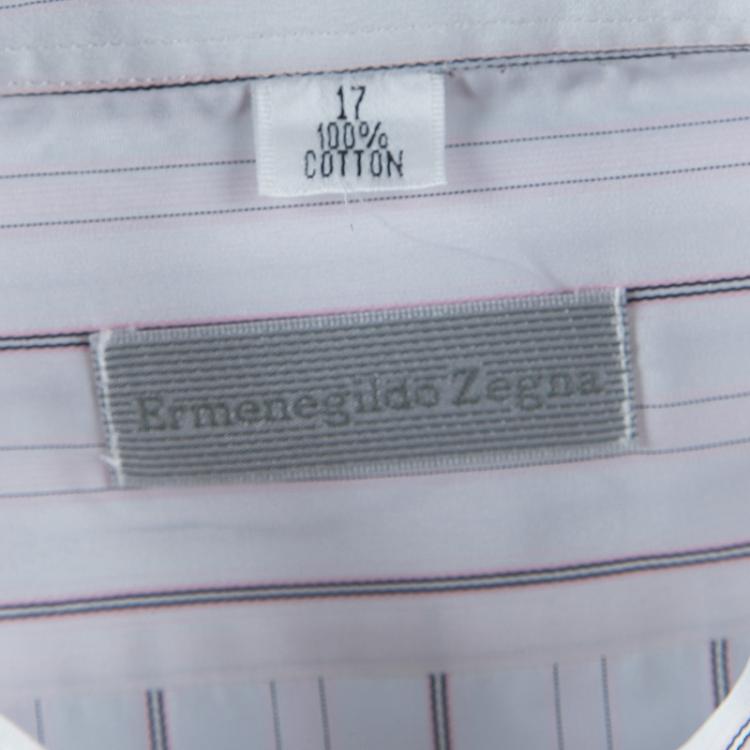 Pre Owned Ermenegildo Zegna White and Pink Long Sleeve Buttondown Cotton Shirt XL