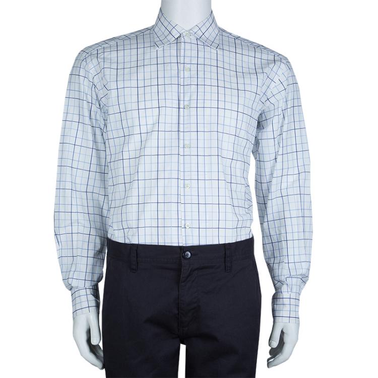Pre Owned Ermenegildo Zegna White and Blue Checked Long Sleeve Buttondown Cotton Shirt XL