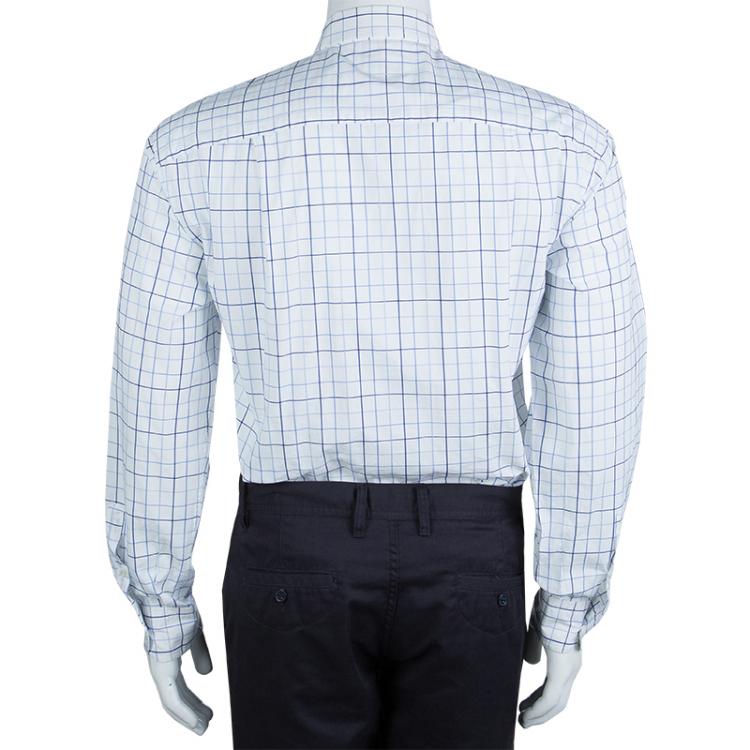 Pre Owned Ermenegildo Zegna White and Blue Checked Long Sleeve Buttondown Cotton Shirt XL