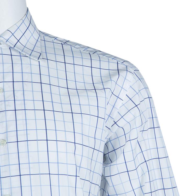 Pre Owned Ermenegildo Zegna White and Blue Checked Long Sleeve Buttondown Cotton Shirt XL