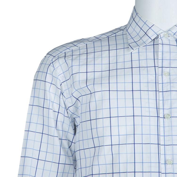 Pre Owned Ermenegildo Zegna White and Blue Checked Long Sleeve Buttondown Cotton Shirt XL