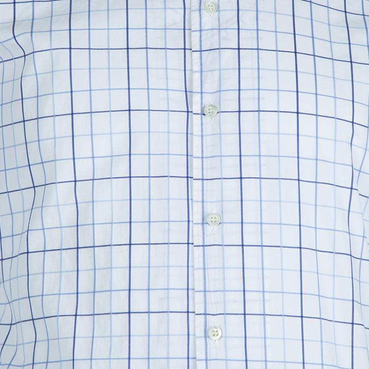 Pre Owned Ermenegildo Zegna White and Blue Checked Long Sleeve Buttondown Cotton Shirt XL