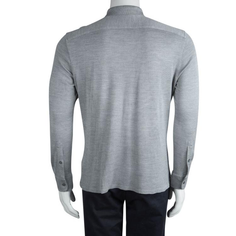 Pre Owned Ermenegildo Zegna Grey Silk Honeycomb Knit Long Sleeve Polo T-Shirt L