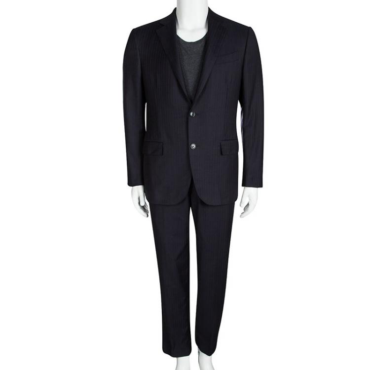 Pre Owned Ermenegildo Zegna Navy Blue Striped Regular Fit Trofeo Pant Suit L