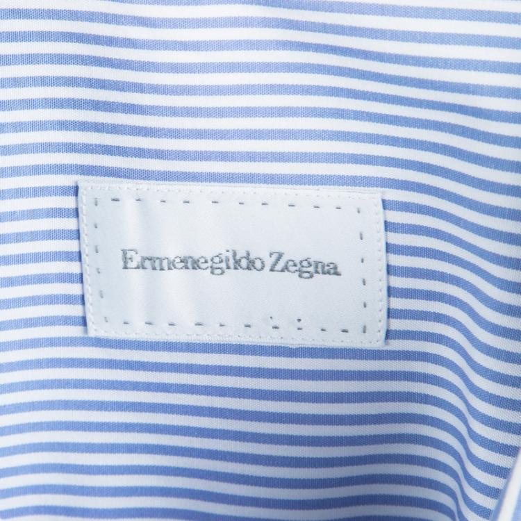 Pre Owned Ermenegildo Zegna Blue and White Striped Cotton Slim Fit Shirt 4XL