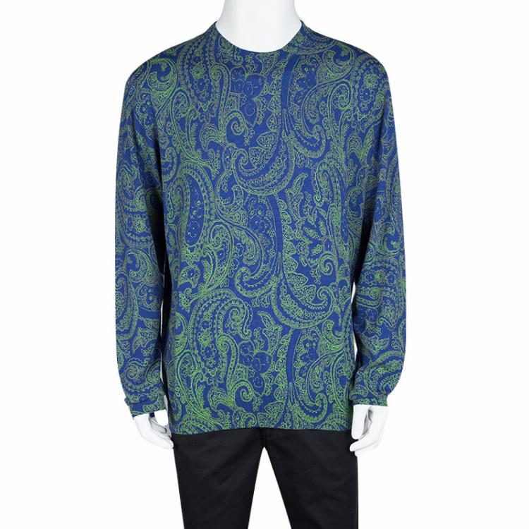 Pre Owned Etro Blue Wool Contrast Print Crew Neck Sweater 2XL