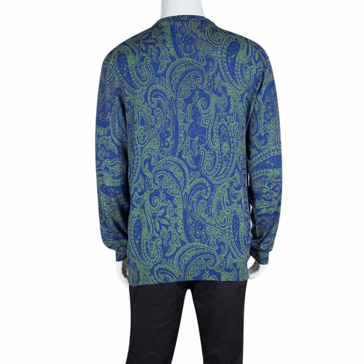 Pre Owned Etro Blue Wool Contrast Print Crew Neck Sweater 2XL