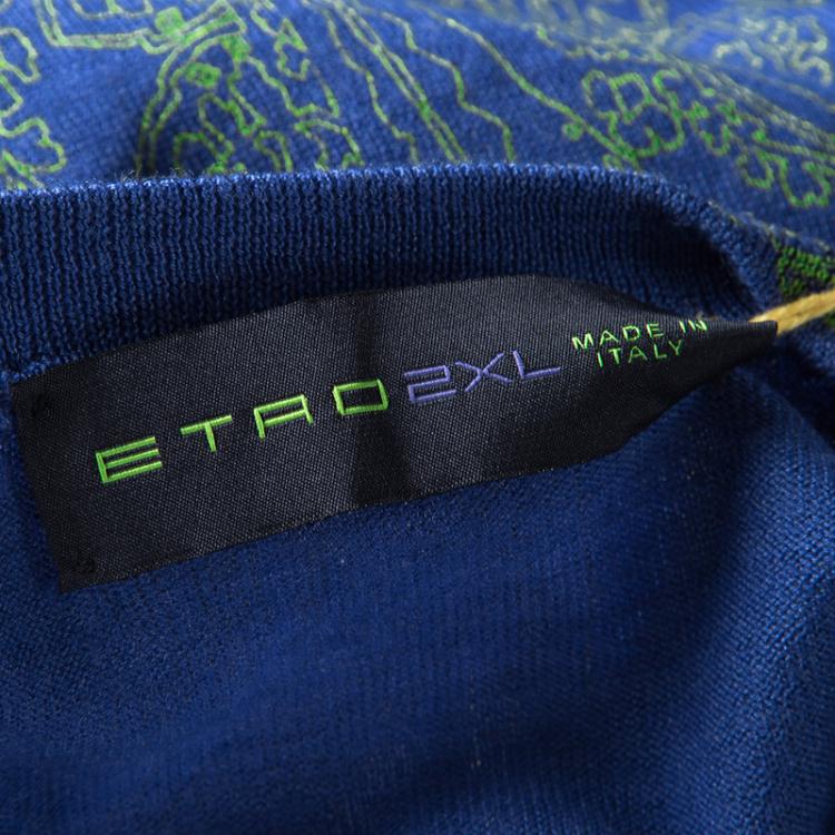Pre Owned Etro Blue Wool Contrast Print Crew Neck Sweater 2XL